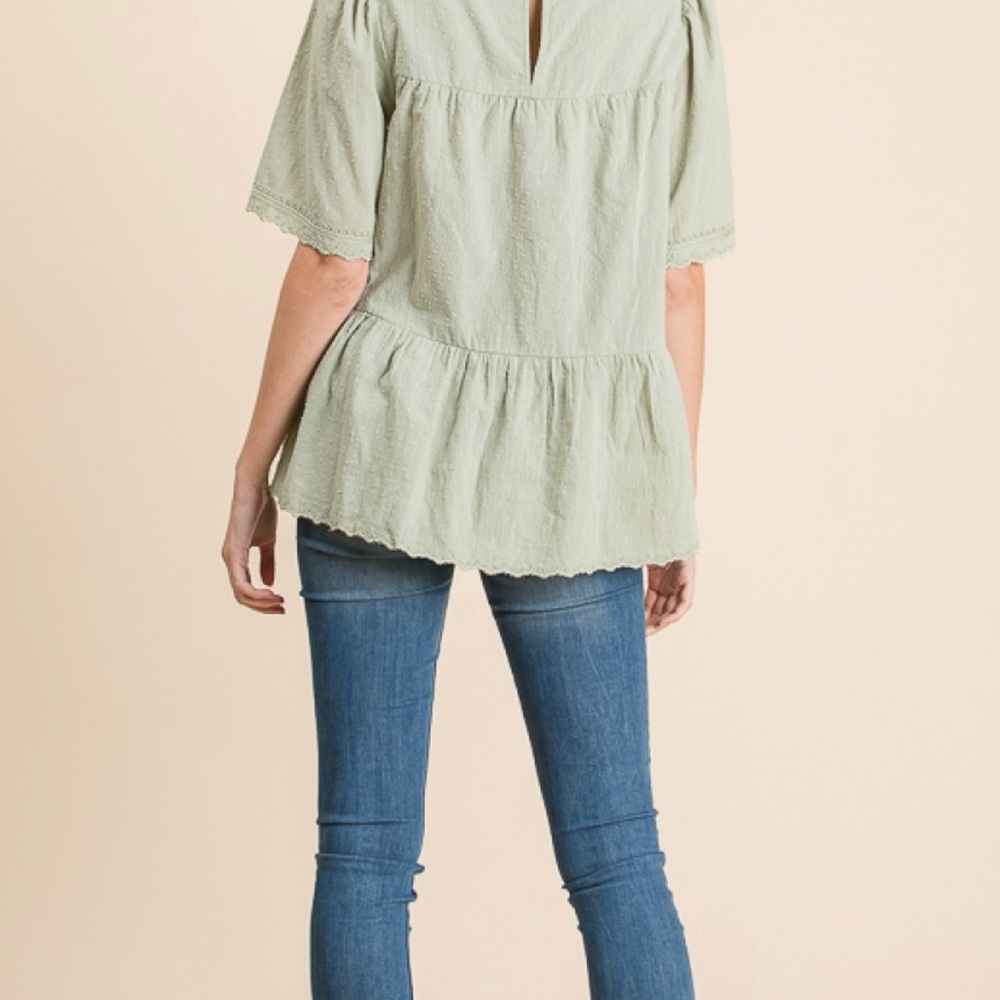 Sage Green Swiss Dotted Texture Cotton Scalloped Top Lurex Woven Detail S M L XL - Picture 14 of 14